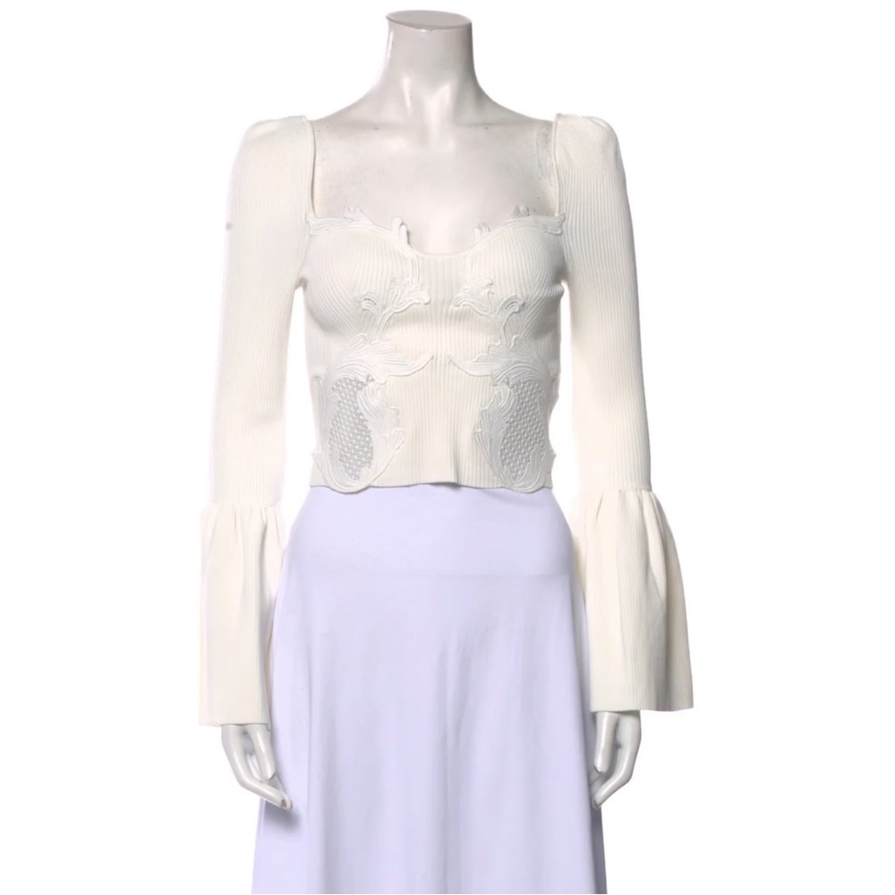 Self-Portrait Ivory Ribbed Knit Square Neck Guipure Lace Top | Size S